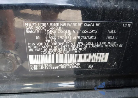 2020 Toyota Rav4 Xle Premium from USA, damaged, VIN 2T3A1RFV7LC071528